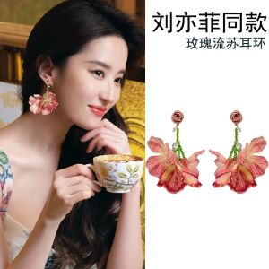 Pink Rose Flower Tassel Earrings Womens New 2024 Fashion Jewelry Story of Rose Alloy Vintage Court Style Unset Plant Floral