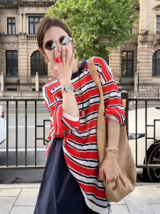 YUEZHONGWEI | Color Block Stripe Red Round Neck Ice Silk Long Sleeve Womens T-shirt Summer Thin Outer Covering Shirt Air Conditioning Top