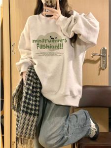 เฮฟวี่เวทสีเทา Pure ผ้าฝ้าย คอกลม เสื้อสเว็ตเชิ้ต ผู้หญิง ฤดูใบไม้ผลิ ฤดูใบไม้ร่วง บาง หลวม สไตล์ขี้เกียจ โอเวอร์ไซส์ สไตล์อเมริกัน เสื้อท่อนบน