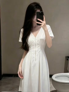 Ge·an·fei | French Style White V-Neck Slimming Short-Sleeve Dress