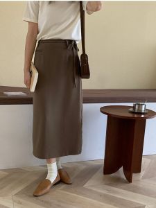 High Waist Midi Skirt with Belt Simple Commute Suit Style Elegant Spring Autumn High Waist A-Line Skirt Zipper Pure Color