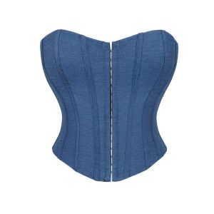 Womens Denim Corset Strapless Sweetheart Front Hook Busk Back Lace Up Waist Cincher Streetwear Bustier Top