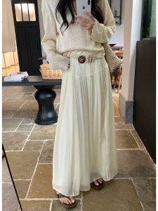 กระโปรงยาวเอวสูงทรงเอ EKOOL ผ้าซาตินโปร่งแสงสำหรับผู้หญิง ฤดูร้อน 2025 กระโปรงยาวทรงเอเอวสูงทรงหลวม