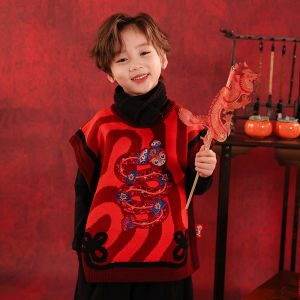 Red Fleece-Lined Childrens Sweater Celebratory New Years Clothing for Boys Winter Festive Outfit Snake Year Greeting Clothes