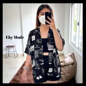 KEMEJA WANITA LENGAN PENDEK / KEMEJA HAWAI ABSTRAK CASUAL / BAHAN RAYON VISCOSE