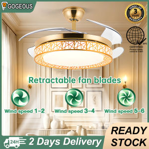 Gogeous 42inch golden ceiling fan with light modern design 6  gear wind 3 color dimming ceiling fan with led light and remote retractable fan blades for dinning room living room