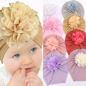 Big Blossom Flower Ribbed Turban Baby Hats Topknot Cotton Cap Toddler Boy Girl Headwraps Bonnet Newborn Beanies Kids Accessories