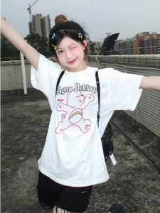 เสื้อยืดคอกลมแขนสั้นผ้าฝ้ายแท้สไตล์เกาหลีสำหรับผู้หญิง ทรงหลวม ลายดอกไม้ ฤดูร้อน เสื้อผ้าทำงาน ชุดทำงาน แฟชั่น