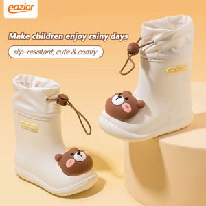 🔥 Soft Kasut Hujan Yellow Kids Rain Boots Kids Girl EVA Non-slip Outdoor Boots With 3D Cartoon Patterns,Adjustable Collar