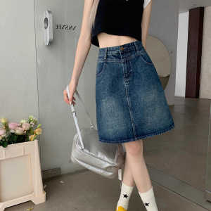 Váy Denim Cạp Cao Chữ a Dài Vừa Phải Cho Nữ Mùa Thu 2024 Váy Chữ a Cạp Cao Cho Nữ Dáng Quả Lê Màu Trơn Polyester