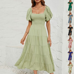 ชุดเดรสคอเหลี่ยมแขนสั้นทรงพอง ชุดเดรสผู้หญิง ฤดูใบไม้ผลิและฤดูร้อน วัสดุโพลีเอสเตอร์ สีพื้น กระโปรงทรงเอ ไม่มีกระดุม