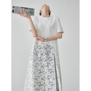 XIAODADEHUA | White Lace Hollow Out Patchwork Short Sleeve T-Shirt Dress