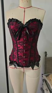 Women Gothic Floral Lace Overbust Corset Sweetheart Strapless Bustier with Ruffle Trim Front Bow Busk Closure Lace Up Back