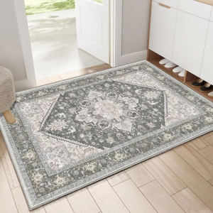 VIKAMA Vintage Blue Ivory Persian Oriental Rug Floral Medallion Border Entryway Floor Mat Hallway Living Room Home Decor Carpet