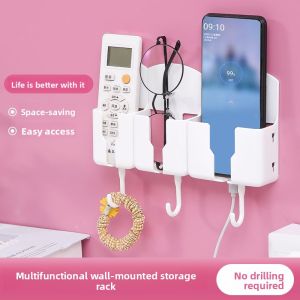 Wall-Mounted Remote Control Storage Box Multi-Functional Hook No-Drilling Required Kitchen Wall Organizer Rack for Remotes