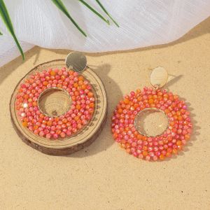 Boho Fashion Round Crystal Beaded Drop Earrings for Women Colorful Elegant Metal Dangle Earrings Handmade Summer Beach Jewelry
