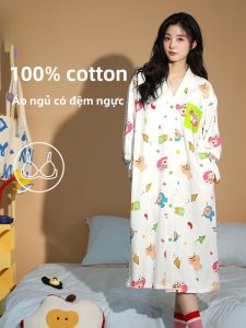 MiiOW | Pure Cotton Nightgown Womens Style 2025 New Self-Breast Pad Anti-Protrusion Cartoon Pattern Girls Nightwear Home Clothes
