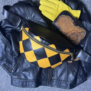Tea Core Horse Leather Lingge Mens Crossbody Black Harley Motorcycle Chessboard Plaid Texture Genuine Leather Shoulder Waist Bag Chest Bag Motorcycle