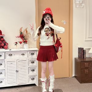 Red Corduroy Dungarees Sweet Style Loose Workwear Trousers