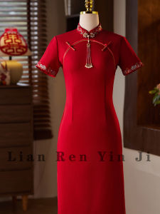 Young Bride Red Qipao Wedding Dress Slimming Elegant Style Short Sleeve Low Slit Chiffon Fabric for Engagement And Return Trip