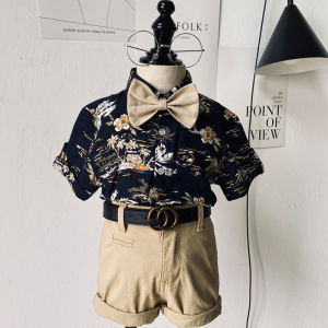 British Style Baby Boy Outfit Floral Shirt And Overalls Performance Suit Cotton Material Birthday Celebration Clothes Set