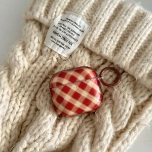 เคสหูฟังลายตารางสี่เหลี่ยมขนมเปียกปูนสีน้ำตาลแดงสไตล์เรโทร พร้อมตะขอเกี่ยว ป้องกันการกระแทก สำหรับ AirPods 1 หรือ 2 3 4 Pro 2 Pro 3