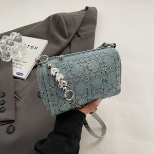 Fashionable Diamond Embedded Denim Bucket Bag Womens Single Shoulder Bag Korean Version New Ins Trend Simple Design Handbag