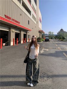 VKSOD | American Retro Loose Shoulder T-Shirt Womens Summer High Waist Camouflage Jeans Two-Piece Set Long Sleeve Short Sleeve Top