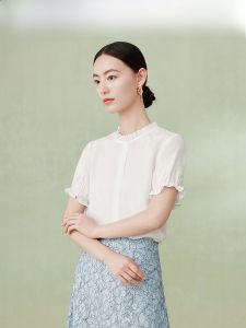 White Ruffle Lace Polyester Georgette Shirt French Style Summer New Design Sensation Finidi Short Sleeve round Neck Blouse