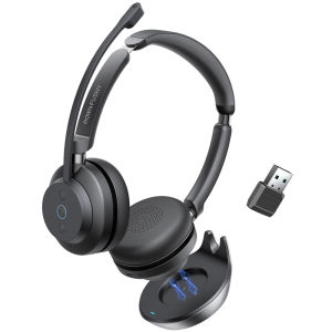 Rownfusny Wireless Headset for Work Bluetooth & USB Dongle Over Ear Headphones with Mic Noise Cancelling Mute for Call Center