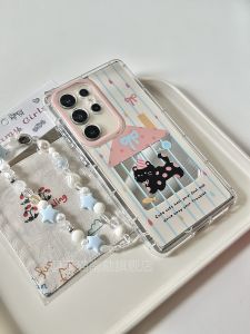 Samsung S25 Ultra Phone Case New Mirror Protection Cover S24 plus Cute Black Cat Simple Creative Soft Edge Hard Back Case S23U with Star Hand Hanging Rope Luxury Women