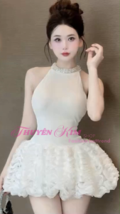 MK_Đầm cổ yếm đi tiệc đầm tiểu thư dạ hội ngắn cổ yếm đính đá tùng bí lưới sóng bồng kèm quần
