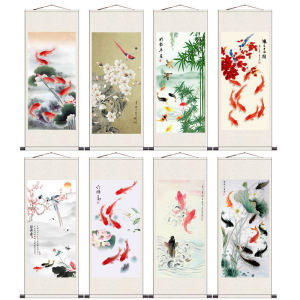 Bring In Wealth and Treasure Landscapes Birds and Flowers Hanging Painting Chinese Painting Lotus Nine Fish Feng Shui Scroll Painting Living Room Decorative Painting Bamboo Presages Safety God of Wealth