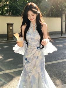 CHANGTONG | Printed Two-piece Pinafore Cheongsam-style Dress