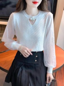 Spring 2025 Womens Lace Sleeve Splicing Hollow out round Neck Knitwear Fashionable Design Loose Fit Long Sleeve Solid Color