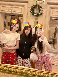 Coral Fleece Pajama Pants Womens Autumn Winter Cute Kitty Cat Home Clothes Can Be Worn outside Cartoon Print mid Waist Long Pants