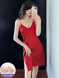 ฤดูร้อน ผ้าไหม ชุดนอน ผู้หญิง เซ็กซี่ สีแดง ความยาวปานกลาง ชุดราตรี มีแผ่นรองหน้าอกน้ําแข็ง ผ้าไหม สายคล้อง เสื้อผ้าบ้าน คอวี สีล้วน ชิ้นเดียว
