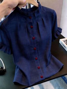 French Puff Sleeve Navy Button Ruffle Top