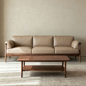 New Chinese Style Villa Living Room Black Walnut Wood Genuine Leather Straight Row Sofa Three-Seater Minimalist Real Wood Artistic