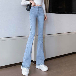 กางเกงยีนส์ทรงขาบานเอวสูงทรงขาบานสำหรับผู้หญิง กางเกงขายาวทรงหลวมสไตล์ย้อนยุคสีน้ำเงินอ่อน กางเกงขายาวทรงหลวมสำหรับผู้หญิง