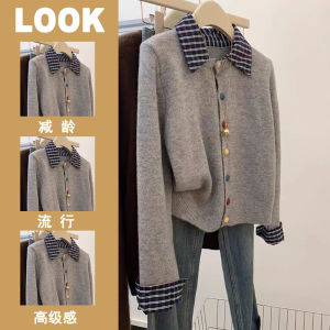 เสื้อสเวตเตอร์คาร์ดิแกนถักแบบหนาสำหรับผู้หญิงในฤดูหนาว สีเทา ทรง POLO ปกโปโล สไตล์เกาหลี เสื้อผ้าทำงาน