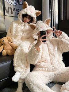 Couples Fleece Lined Hooded Pajamas Thick Warm Winter Home Clothes Set for Men And Women Cute Cartoon Design Long Sleeve Sleepwear