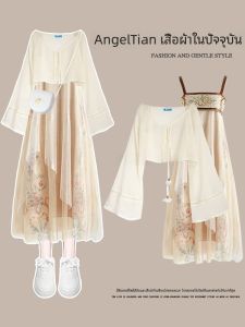 ชุดเดรสยาวแขนกุดเซ็กซี่สไตล์จีนฤดูร้อนปี 2024 สำหรับผู้หญิง ชุดเดรสยาวคลุมเข่าแขนยาวลายดอกไม้สีพื้น