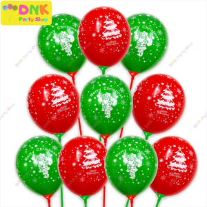 10 pcs Merry Christmas Balloons with Sticks Red Green Mix Size 12 Inch Balloon Full Print Holiday Fullprint 18 Inch Stick
