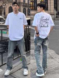 เสื้อยืดแขนสั้นผ้าฝ้ายแท้สีขาว ทรงหลวม สำหรับผู้ชาย ฤดูร้อน 2025 แบรนด์ใหม่ เสื้อยืดแขนสั้นพิมพ์ลายตัวอักษรแบบลำลอง สำหรับวัยรุ่น