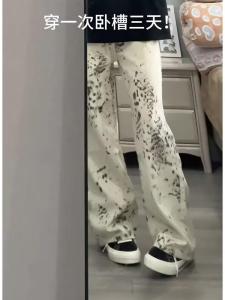 Trendy Mens Leopard Print Straight Leg Jeans Casual High Street Wide Leg Pants American Style Autumn Fashion Model Clothes