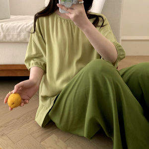 Lightweight Sweet Cotton Pajamas Set Short Sleeve Long Pants Home Clothes Comfortable Sleepwear for Women round Neck Design