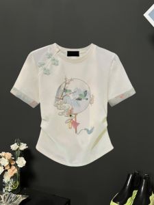 เสื้อยืดคอกลมแขนสั้นผ้าฝ้ายทรงหลวมสไตล์จีนย้อนยุคสำหรับฤดูร้อนปี 2025 เสื้อเชิ้ตผู้หญิงสไตล์ยุโรปและเกาหลี