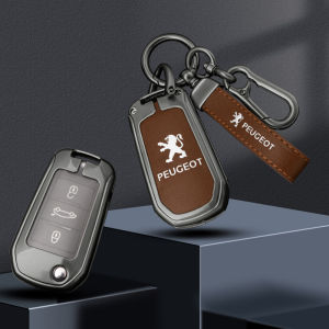 Zinc Alloy Premium Leather Flip Car Key Fob Case Cover Shell Chain For Peugeot 206 208 301 308 SW 408 508 2008 3008 5008 Landtrek Rifter Partner RCZ Expert Remote Holder Keychain Protector