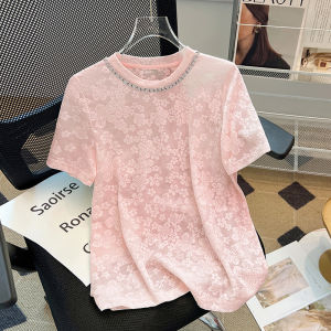 Mùa Hè Hạng Nặng Khoan Cổ Tròn Phối Ren Tay Ngắn Áo Thun Nữ Thiết Kế Tiết Kiệm Sang Trọng Đa Năng Hàng Đầu